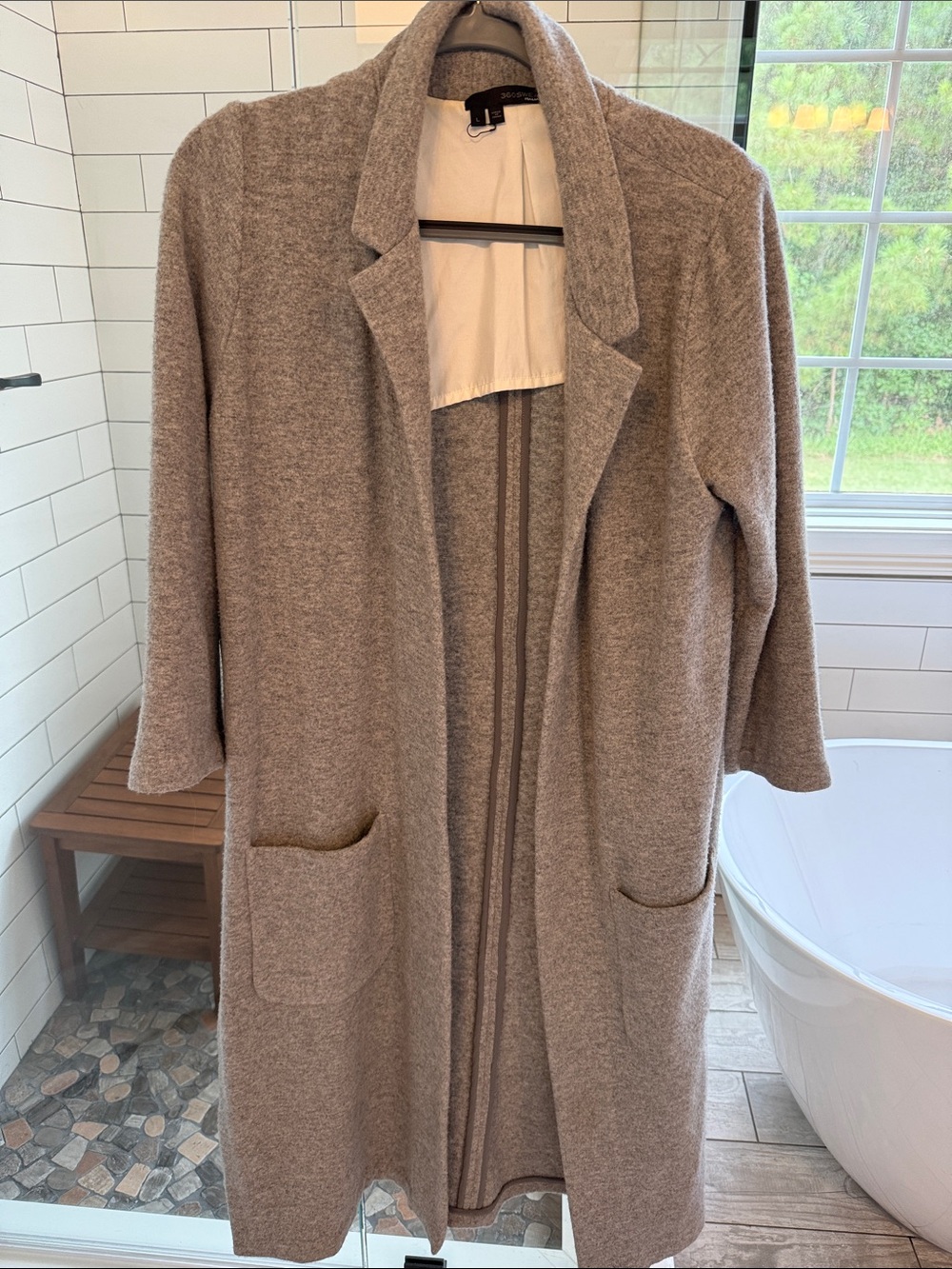 360 Sweater Open-Front Knit Robe Cardigan in Taupe